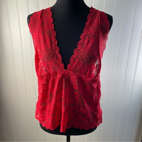 Frederick's of Hollywood Other - Fredericks of Hollywood Red Sheer Floral Lace Halter‎ Chemise 2X Scalloped Edge